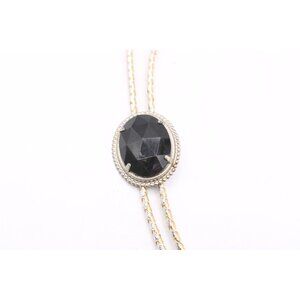 Black Jewel Acrylic Bolo Tie Silver & Gold Braided Cord Oval Faceted Western Vtg